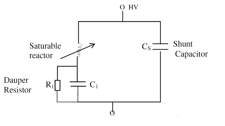 Схема блока из насыщаемого реактора, конденсаторов и резисторов для регулирования напряжения.