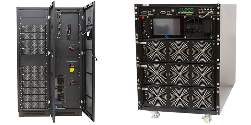 Напольный кабинет модульного ИБП 500 кВА (слева) и Модульный ИБП 150 кВА для установки в 19 дюймов шкаф (справа)