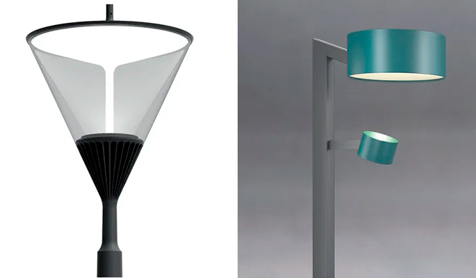 Слева — садово-парковый светильник APEX, отражатель и излучатель защищены плафоном. Справа — Парковый светильник отраженного света Церс ART DECO LZ-20-AD-MD.