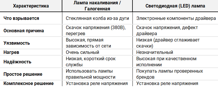 Таблица сравнения ламп накаливания и LED-ламп